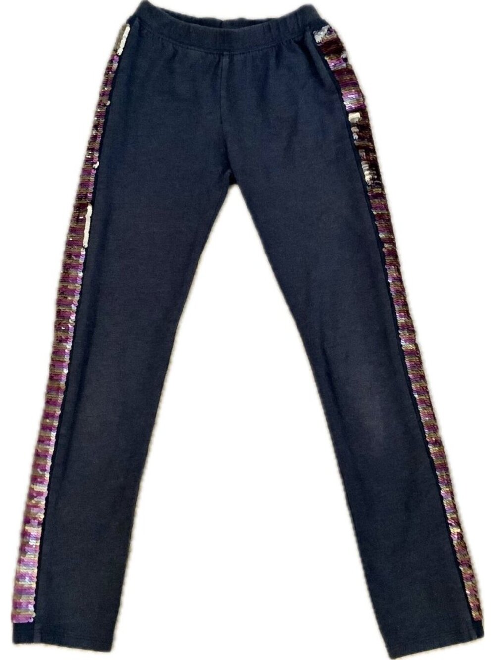 Gap Kids Legging Girl Sz M 8/9 Dark Gray Pull-On Sequin Stripe Elastic Waist